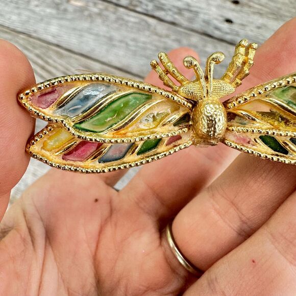 Vintage Jewelry Mosaic Insect Wing Brooch Cloisonné Flying Bug Winged Insect Pin - Picture 3 of 6